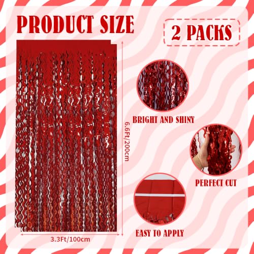 Image of TONIFUL 2Pcs Wavy Red Metallic Tinsel Foil Fringe Curtain Laser Streamers | 3.3ftx6.6ft Photo Booth Backdrop Tinsel Streamer Curtain, Props for Bachelorette Birthday New Year Graduation Christmas Decor