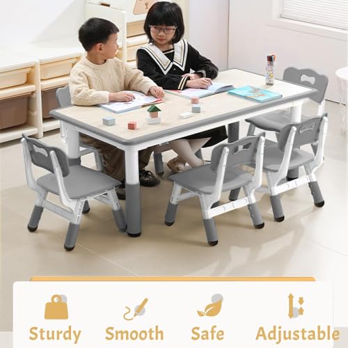 Image of Adjustable Kids Table & 6 Chairs Set - 47.2 inch Multi-Activity Desk with Non-Slip Legs, Graffiti-Resistant Desktop, Perfect for Study, Arts & Crafts, Study Area, Daycare, or Home - Grey