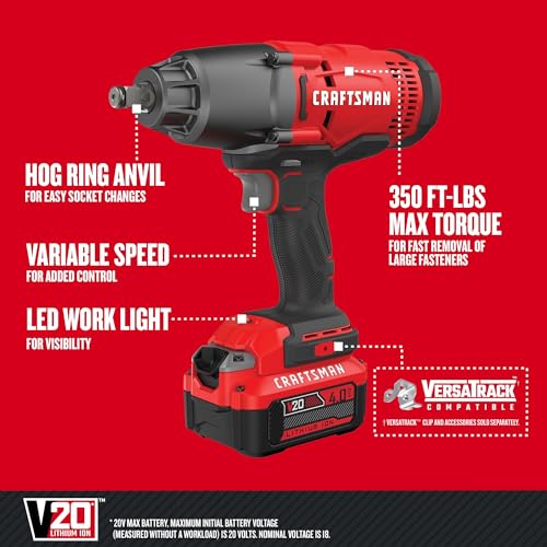 Image of CRAFTSMAN V20 RP 1 /2 inch Cordless Impact Wrench Kit, Brushless, 4Ah Battery and Charger Included (CMCF900M1)