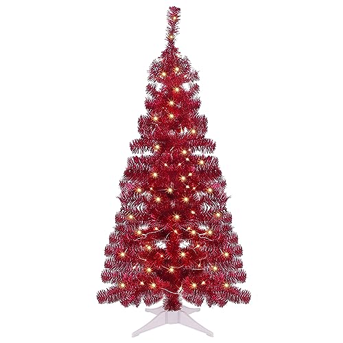 Juegoal 4 FT Pre-lit Artificial Christmas Tree, Lighted Red Tinsel Pine Spruce Tree with 70 LED Lights, 8 Modes & Timer, Xmas Holiday Home Party Decor