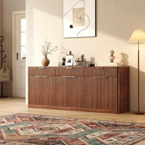 Image of Evermagin 67 inch Fluted Walnut Sideboard Buffet Cabinet with 3 Drawers, Modern Credenza with Storage, Console Coffee Bar Cabinet for Kitchen, Living Room and Entryway (67 inch W x 31.5 inch H x 15.7 inch D)