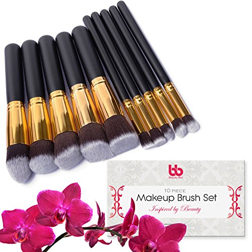 Professional Kabuki Makeup Brushes Set – 10 Pc Cosmetic Foundation Make up kit – Beauty Blending for Powder & Cream – Face & Lip Bronzer Concealer Contour Brush – Beauty Bon (Gold)