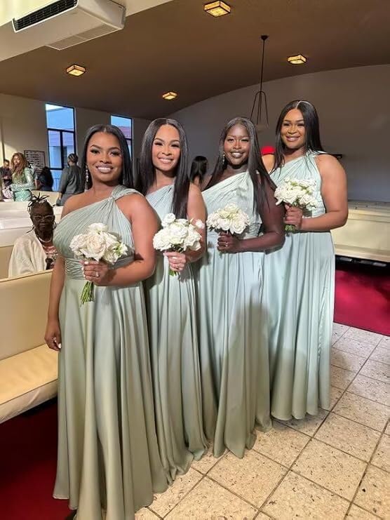 One Shoulder Bridesmaid Dresses with Pockets Long A Line Formal Party Dress Pleated Chiffon Evening Gowns WH33 - Image 6