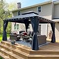 PURPLE LEAF 12' X 14' Patio Gazebo with Light Permanent Hardtop Gazebo with Metal Roof for Outdoor Lawn and Garden Grey
