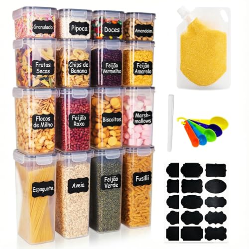 Kit 18 Potes Herméticos para Alimentos, Livre de BPA, Empilháveis, Saco a Vácuo, Organizadores de Mantimentos para Despensa e Cozinha (kit 16+2)