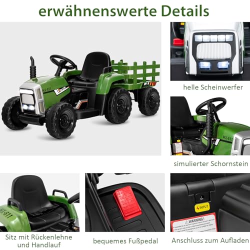 COSTWAY 12V 3-Gang Traktor mit abnehmbarem Anhänger und 2,4G Fernbedienung, Kinder Aufsitztraktor mit LED Lichtern, Musik, Hupe & USB Funktionen, geeignet für Kinder ab 3 Jahren (Dunkelgrün) – Bild 6