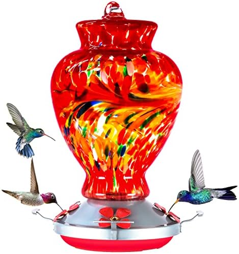 Hummingbird Feeders, 32 Ounces Hand Blown Glass Hummingbird Feeder with Attractive Spiral Pattern for Outdoors Hanging, 4 Feeding Metal Stations with Perch and Moat, Ant Moat Hook, Rustproof Base…