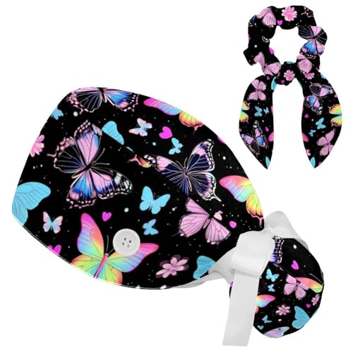 Image of Butterfly Scrub Cap Women with Ponytail & Buttons Adjustable Surgical Nurse Hat with Cotton Sweatband for Long Hair