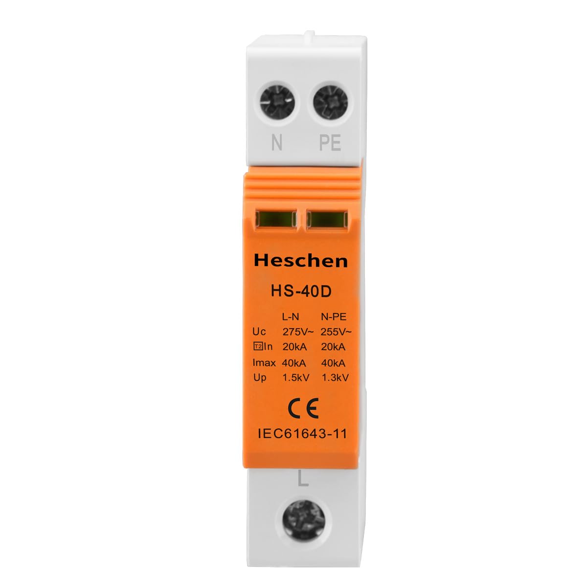 Heschen Surge Protective Device SPD, HS-40D, 275VAC 20KA, 1+NPE, L-Line Down, Fire-Proof, Low-Voltage Arrester, 35mm DIN Rail Mounting