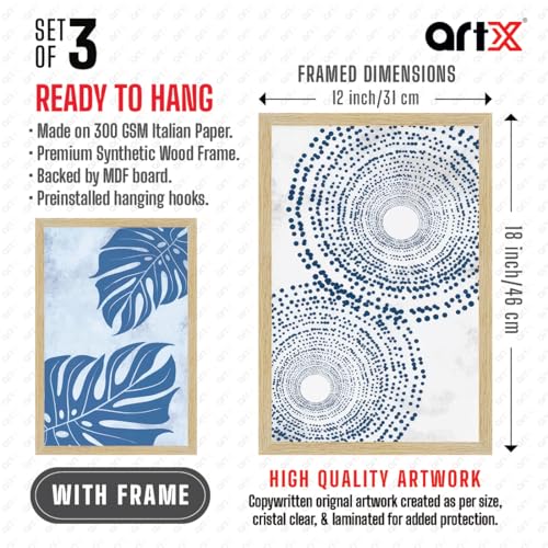 Image of ArtX Paper Boho Leaf Paintings For Wall Decoration, Abstract Home Decor Wall Art, Hotel Wall Painting for Living Room, Multicolor, Natural Wood Color Frames, 12.0x18.0 inch, Set of 3