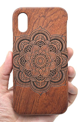PhantomSky Funda Protectora de Madera para iPhone XR, Natural Hecha a Mano de Bambú/Madera Carcasa Case Cover para tu Smartphone - Mandala de Palisandro
