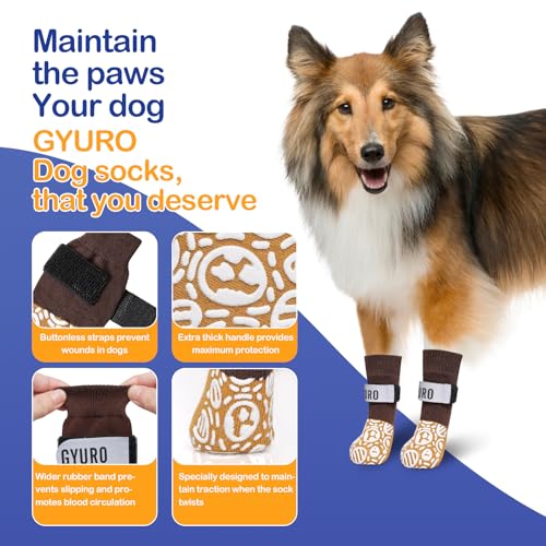 GYURO 2Pairs Anti Slip Dog socks paws stop licking,Dog Boots&Paw Protector for Hardwood Floors Anti Slip,Traction Control No Twist Grip Booties for Small Medium Large Senior Dogs (Khaki - Image 4