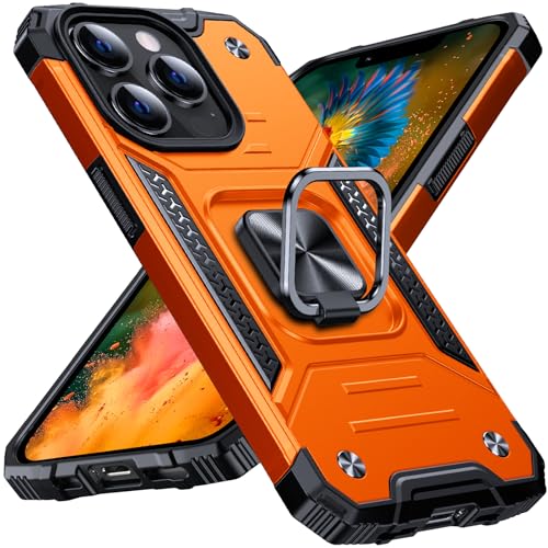 Image of Anqrp Heavy Duty Case for iPhone 13 Pro Case with Enhanced Ring Holder Grip Stand, Military Grade Shockproof Rugged Drop Protective Silicone Hard Slim iPhone 13 Pro Phone Case Cover,Orange
