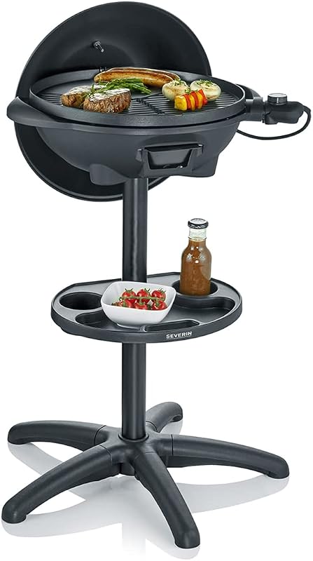 SEVERIN 2000W Electric BBQ Grill with Cast Aluminium Grill, Free Standing Barbecue with Lid and Built-In Thermometer, eBBQ with Large Smooth, Grooved Cooking Surface, Black, PG 8541