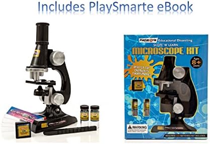 PlaySmarte Kids Microscope 100X-400X Inspecting Dissecting Zoom LED Lights Microscope Comes with Tweezer, Blank Slides, Prepared Slide, Blank Labels for Kids