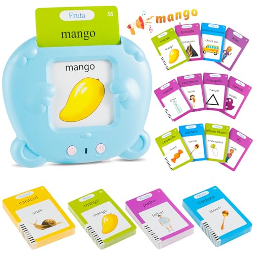 Español e Inglés, Tarjetas Flash Parlantes Juguetes de Aprendizaje para Niños Pequeños 1-6 Años, 224 Palabras, Juguetes Educativos Audibles, Recurso Preescolar Juguete Interactivo Electrónico - Azul