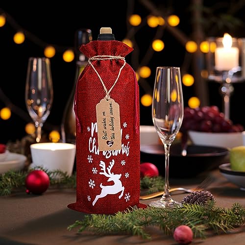 Image of Burlap Wine Bags 12 Pcs Christmas Wine Bottle Bags, Reusable Wine Gift Bags with Drawstrings Tags & Ropes for Christmas, Weddings, Holiday Party, Birthdays, Travel, Blind Tastings, Home Storage 750ml