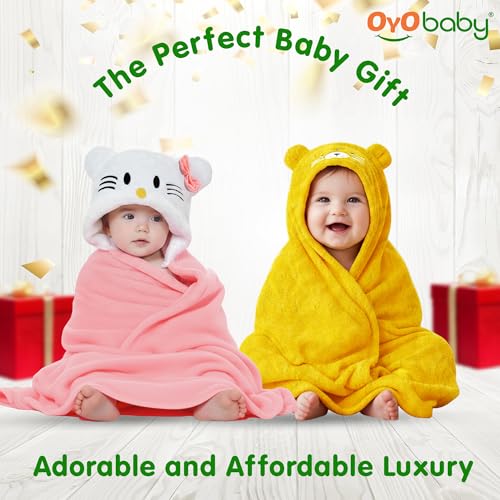 Image of OYO BABY Fleece Newborn Baby Blanket Combo - Hooded Baby Wrapper with Funny Cap, Bath Towel & Blanket (0-12 Months, Pink Kitty & Yellow Tiger, Pack of 2)