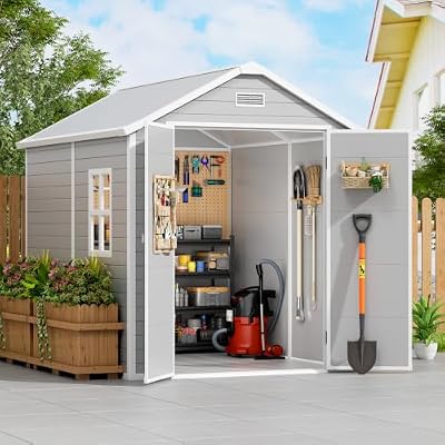 PIPLEO 6x8 FT Resin Outdoor Storage Shed with Floor, Plastic Garden Storage Shed with Lockable Door & Vent, All Weather Versatile Tool Shed for Backyard, Patio, Lawn, Gray (6x8 FT)