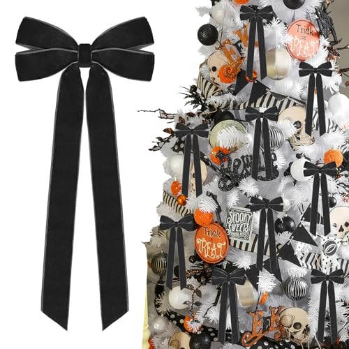 12Pcs Black Velvet Ribbon Bows Halloween Tree Decorations 5in x 10in Christmas Ornaments for Tree Home Party Front Door Wreath Holiday Decor