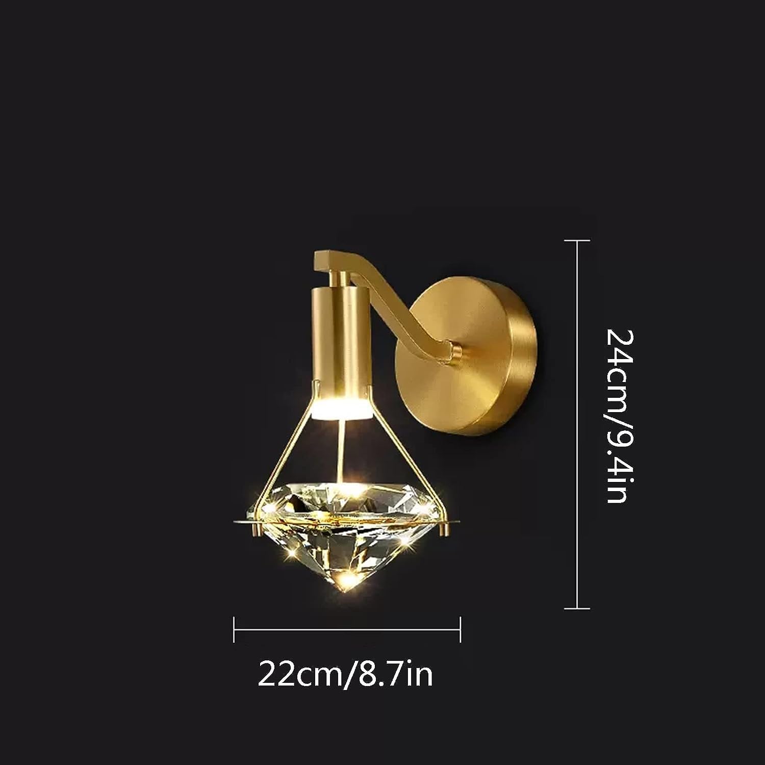 Applique da Parete in Cristallo per Interni in Rame Spazzolato con Decorazione LED in Ottone E Vetro Dorato A Forma di Diamante Ideali per Soggiorno Camera da Letto E Comodino