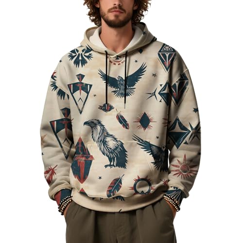 Men's Aztec Print Hoodie Long Sleeve Casual Western Vintage Graphic Pullover Hippie Style Streetwear Hooded Sweatshirt