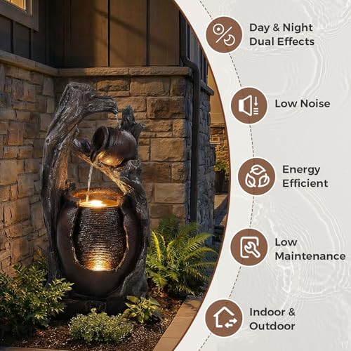Image of Jocoevol 32 inch H Outdoor Water Fountain, 2-Tiers Clay Pot Waterfall Fountain