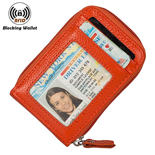 Image of Credit Card Case Organizer Genuine Leather Zip-Around Security Wallet Orange