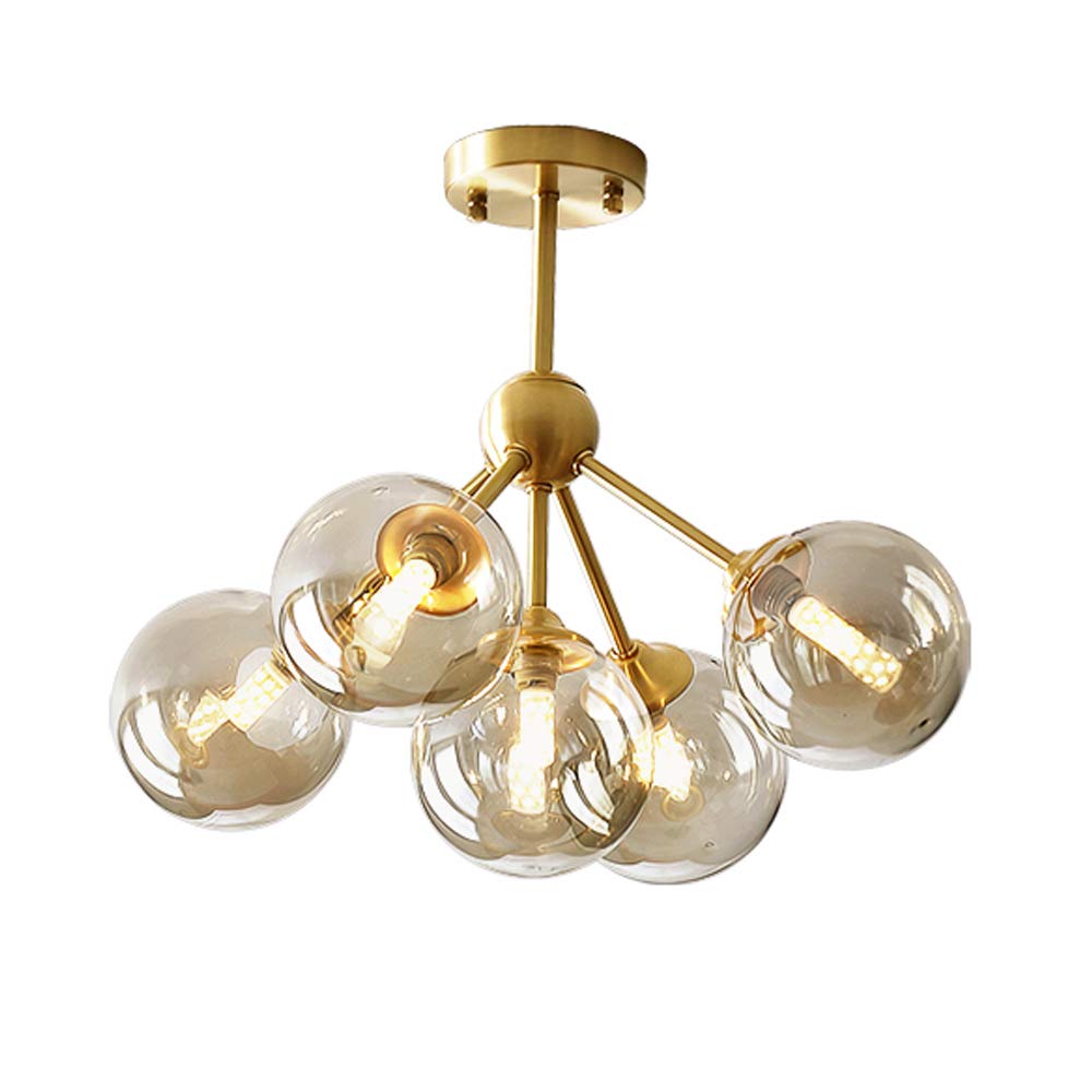 KCO Lighting 5-Light Amber Glass Globe Chandelier Brush Gold Semi Flush Mount Ceiling Light Mid-Century Modern Close to Ceiling Light for Living Room Bedroom Foyer (5-Light)