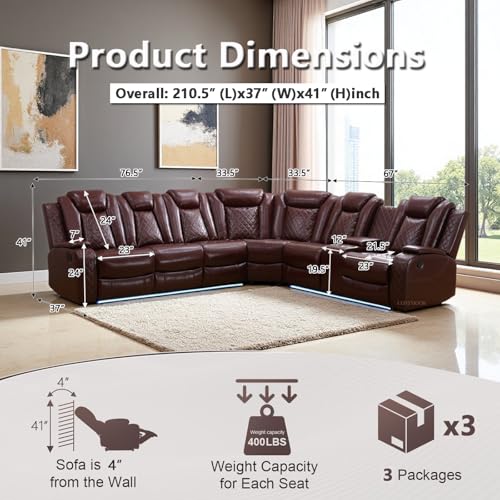 Image of Living Room Furniture Sets, Power Recliner Sofa Sectional Sofa with LED Light for Living Room, Brown Leather Reclining Sectional Couches Set, Cup Holder, Storage Console for Home Theater Seating