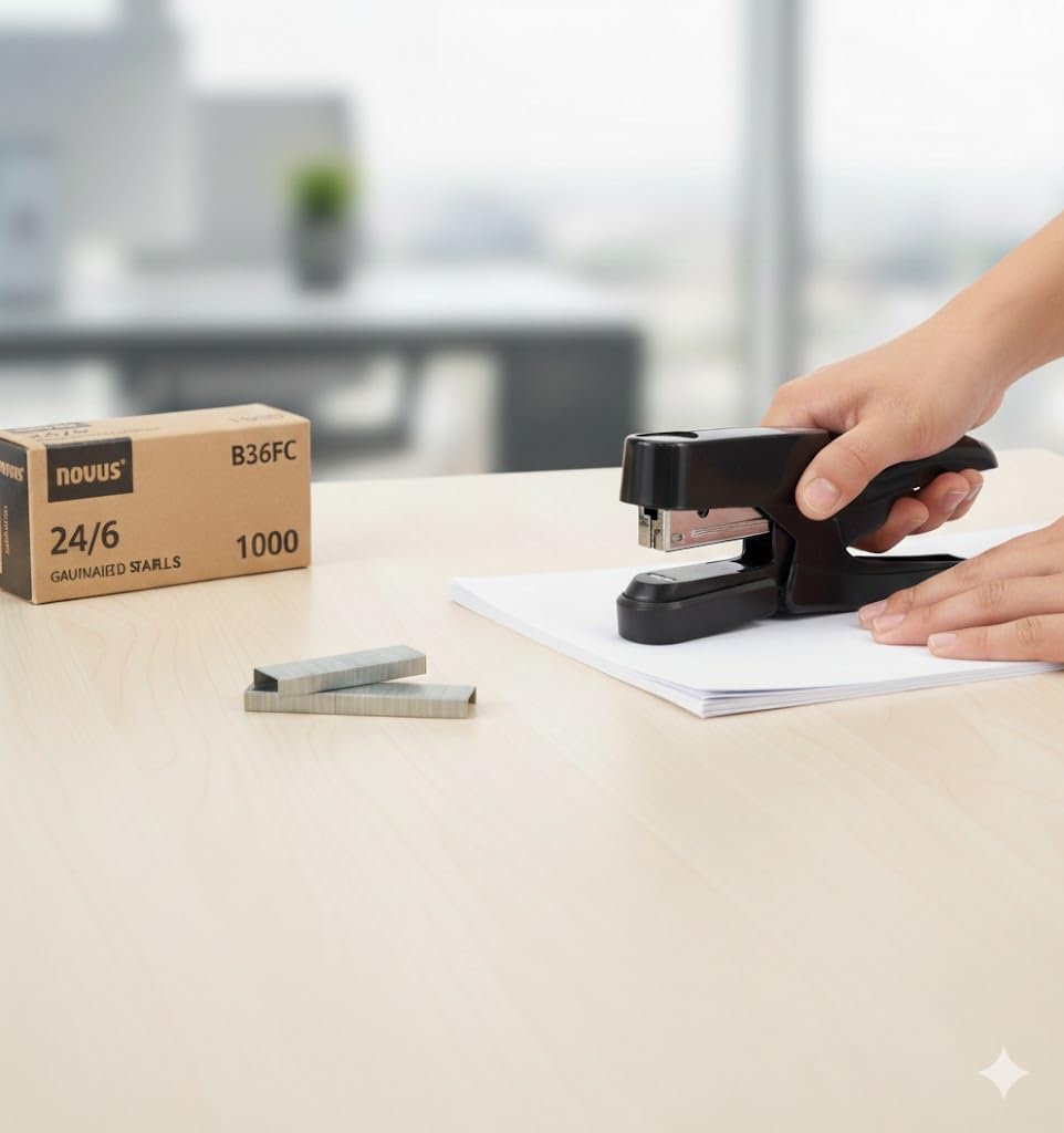 Grapadora Profesional de Tenaza NOVUS con Clinch Plano, Grapadora de Oficina hasta 20 Hojas, Incluye Grapas 24/6 (1000 uds) y Extraegrapas, Ahorra Espacio