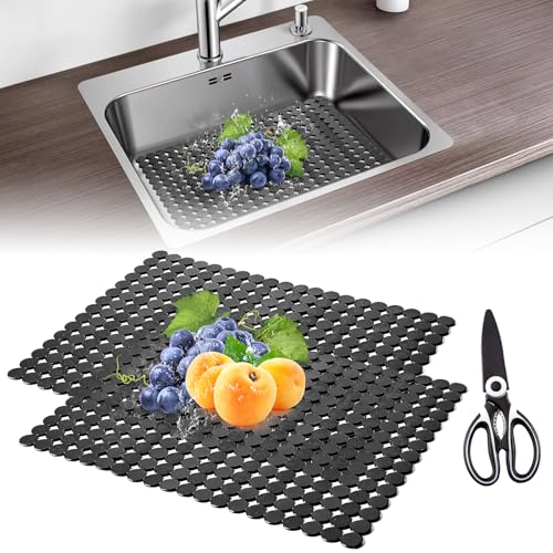 Tapis Evier Cuisine, Lot de 2 Tapis de Protection pour Évier en Silicone Découpable avec Ciseaux 30 x 40cm Tapis D'évier de Cuisine pour Éviers en...