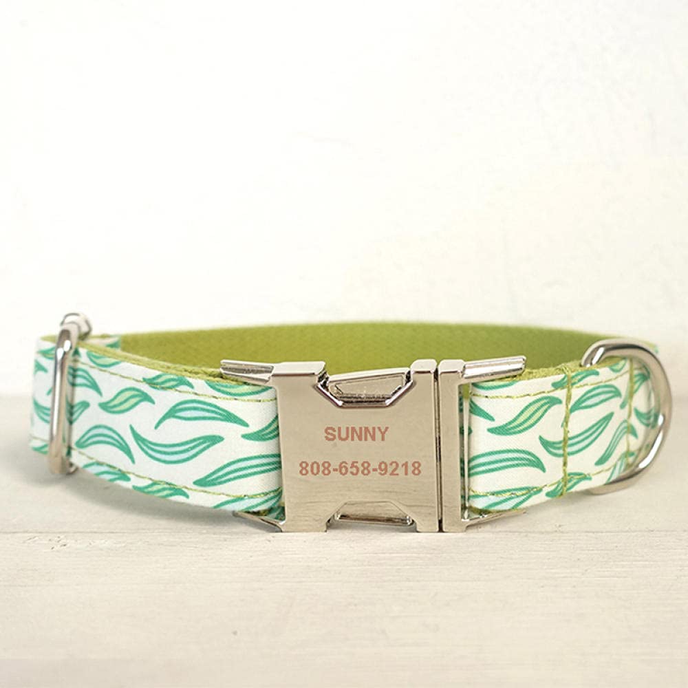 Collier de Chien réglable personnalisé Durable en Nylon gravé ID nom Vert Feuilles flottantes Collier de Chien avec-Collier_Leash_Set_M