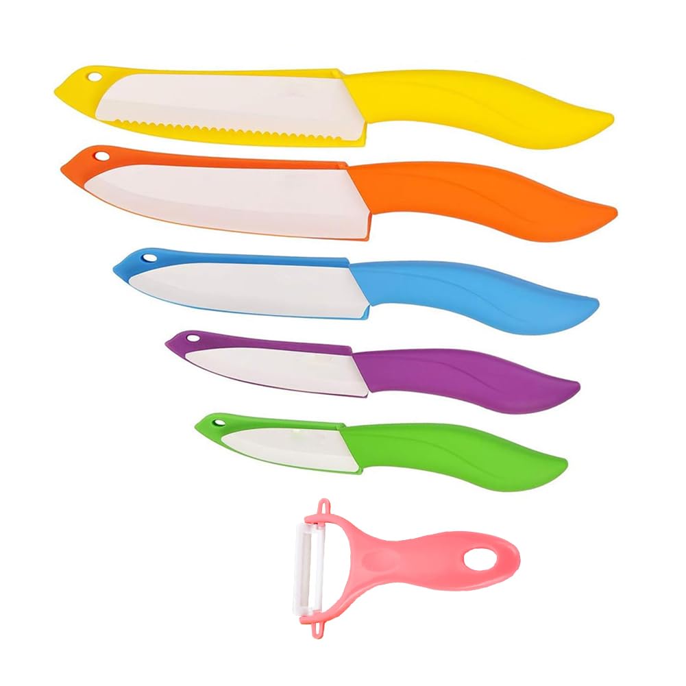 Ceramic Knife Set 6 Piece Colored Kitchen Knives Include Peeler 3 inch Paring Knife Bread Knife 6 inch Small Chef Knife