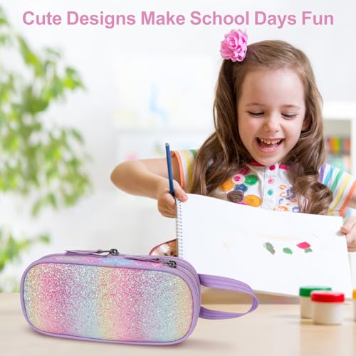 Image of Pencil Case for Girls - Expandable Big Capacity Pencil Cases for Kids Special Pencil Pouch for Girls Sparkly Kids Pencil Bag for School (Glitter Purple, Mermaid)