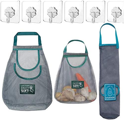 Hanging Produce Bag,3Pcs Eco Friendly Vegetable Storage Bags Reusable Grocery mesh Bags with 3pcs Hooks for Onions,Potatoes,Vegetable,Fruit and Miscellaneous