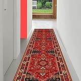 SESOUK Alfombras De Pasillo De Cocina Corredor Alfombrilla Pasillera Salón Runner Style Marochano 60x340cm Fibra De Poliéster Antideslizante Lavable Lavable Alfombra Estrecha(Color:Burgundy-red)