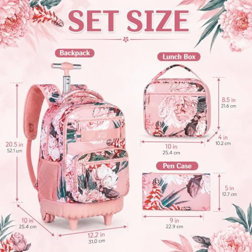 Image of 3Pcs Rolling Backpack for Girls Women, 19 Inche Adults Roller Bag with Wheels, Flower Wheeled Bookbag with Lunch Box(Pink)