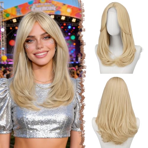 FESHFEN Perruques Ondulés avec Frange - Perruques Lace Frontal Femmes Fêtes Perruque de Cheveux Longues Blond Clair Synthétiques Naturelle Ondulés...