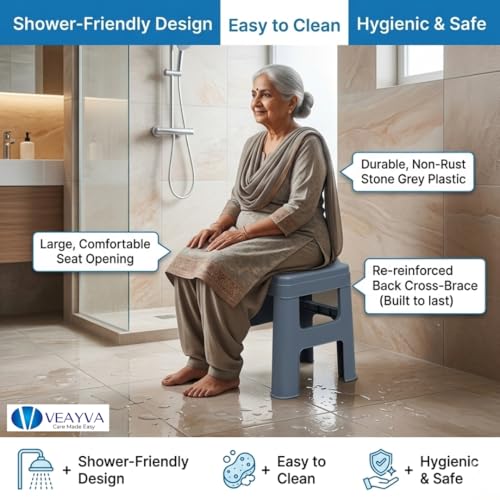 Image of Veayva FlexEase Commode Stool - Wide Seat, Non-Rust Plastic, Knock-Down Design | Shower-Friendly Toilet Stool for Elderly, Disabled, Adults | Lightweight & Hygienic (Stone Grey)