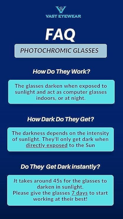 Image of Vast Photochromic Blue Cut Computer Glasses for Eye Protection | Zero Power Anti Glare & Blue Light Filter | UV Protect Specs for Men & Women| Frames| Cooling Glasses Lens