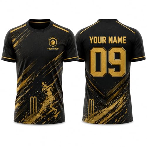Image of Custom Cricket Jersey for Men, Women & Kids | Personalized Name Number Cricket T-Shirt with Team Logo | Black Gold Cricket Team Uniform | Quick Dry Sports Jersey for Matches, Training & Tournaments