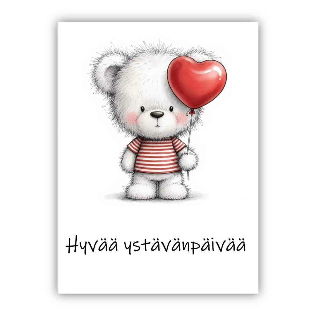 Multilingual Valentine’s Day Card – Cute Bear with Heart Balloon – Romantic Greeting Card for Husband, Wife, Boyfriend, Girlfriend (• Finnish: Hyvää ystävänpäivää)