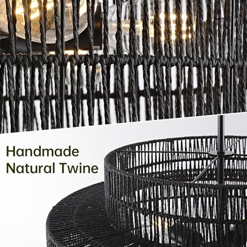 Image of 4-Light Black Boho Rattan Chandelier Light Fixture, 17.7 inch Hand Woven Rustic Chandeliers Farmhouse Chandelier Hanging Light for Dining Room Kitchen Island, Living Room, Foyer