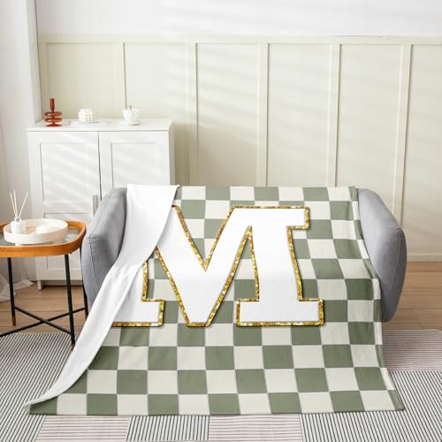 Image of Erosebridal Sage Green Checkered Flannel Blanket Plaid Initial M Fuzzy Plush Throw Personalized Monogram Fleece Blanket for Kids Boys Girls,Fashion Grids Gingham Decor for Bed Couch 40 inchx50 inch