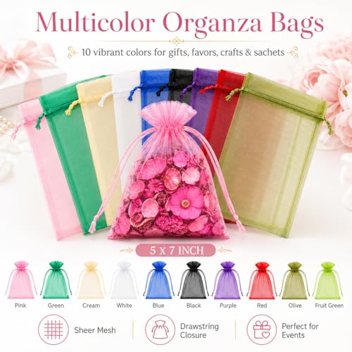Image of 50PCS Organza Bags 5x7'' - Muticolor Small Sachet Jewelry Gift Favor Bags Drawstring Mesh Bags Gifts Valentines Wedding Eid Mubarak Halloween Eve Christmas New Year Party Candy Fruit Wrap Bulk