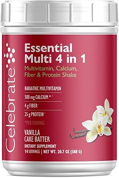 Celebrate Vitamins 4-in-1 Bariatric Multivitamin with Calcium Citrate Protein Shake, 500mg Calcium, for Post Bariatric Surgery, Vanilla Cake Batter, 14 Servings