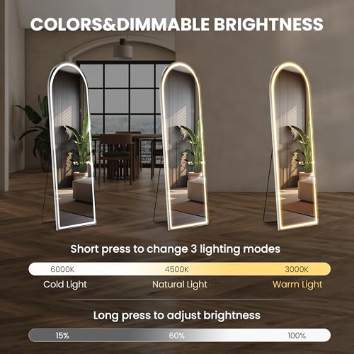 Sweetcrispy Full Length Mirror with LED Lights, 60"x16" Lighted Floor Mirror with Dimming & 3 Color Lighting, Stand for Bedroom, Dressing Room, Arched