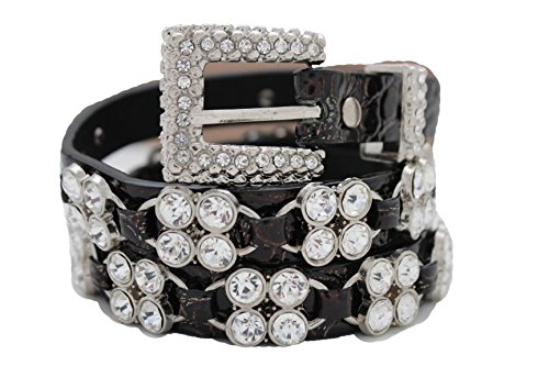 TFJ Women Western Skinny Fashion Belt Hip Silver Metal Bling Buckle Rhinestones Brown Color2