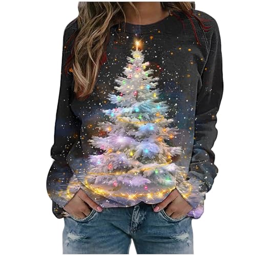 Women Merry Christmas Sweatshirt Xmas Tree Reindeer Wine Glass Graphics Pullover Crew Neck Long Sleeve Tops Ladies Christmas Jumpers Trendy Casual Funny Printed Shirts